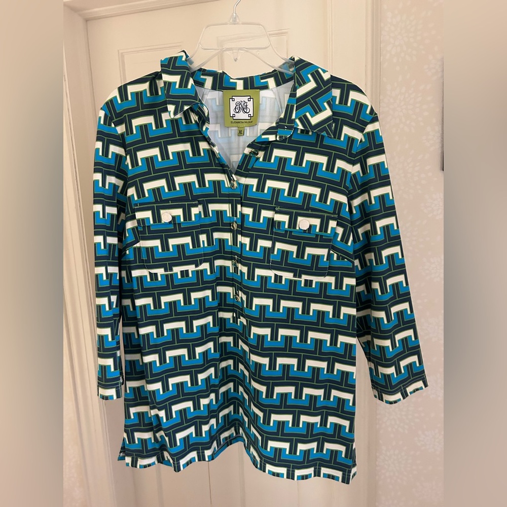 Elizabeth McKay Geometric Patterned Shirt in Green and Blue size xl